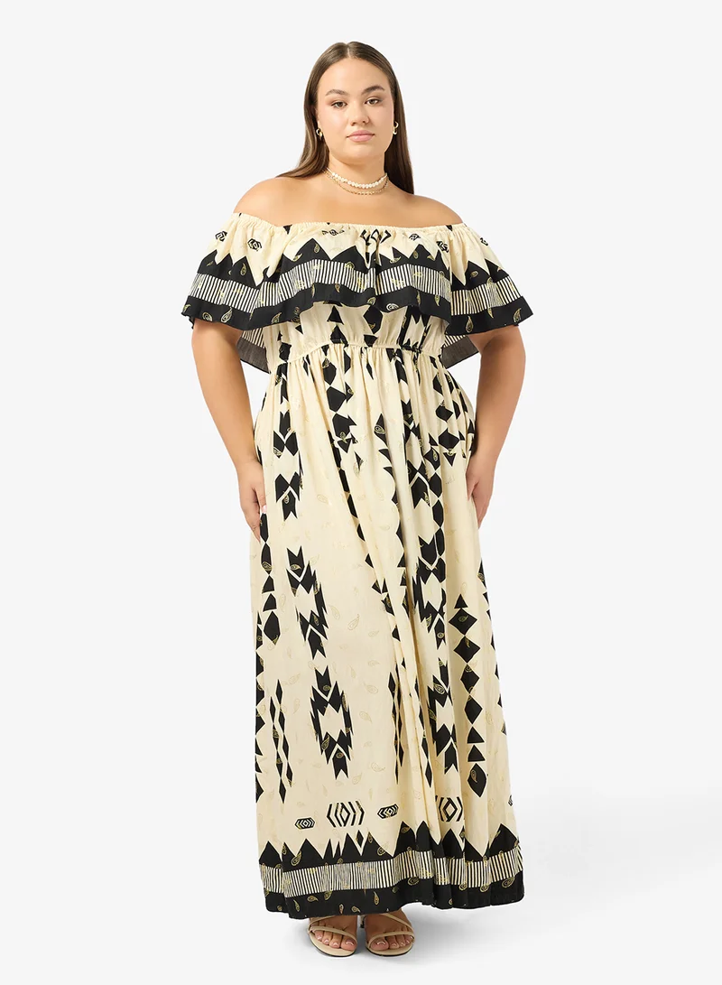 جينجر بلس فستان   مطبوع أحادي اللون بكتف مكشوف